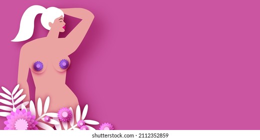 Female silhouette with flowers. Naked dancing woman. Happy Women's day. Happy Mother's Day. Venera, Venus female concept paper cut style. Health care. Body positive. Violet, Purple,Pink.