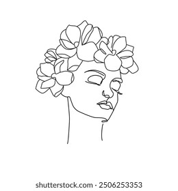 Silueta femenina con dibujos de Vector de una línea de flores. Plantilla de estilo con cara floral femenina. Silueta de mujer en estilo lineal simple minimalista moderno para belleza y diseño de moda