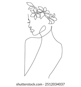 Silueta femenina con dibujos de Vector de una línea de flores. Plantilla de estilo con cara floral femenina. Silueta de mujer en estilo lineal simple minimalista moderno para belleza y diseño de moda