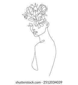 Silueta femenina con dibujos de Vector de una línea de flores. Plantilla de estilo con cara floral femenina. Silueta de mujer en estilo lineal simple minimalista moderno para belleza y diseño de moda