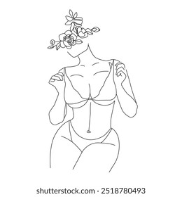 Silueta femenina con dibujos de Vector de una línea de flores. Plantilla de estilo con figura femenina. Silueta de mujer en estilo lineal simple minimalista moderno para belleza y diseño de moda