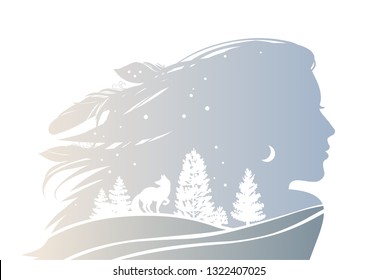 Female silhouette with fox and trees. Vector illustration