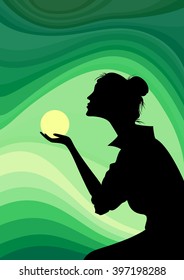 Female silhouette in front of vivid sunset. Esoteric portrait of the woman on colorful background.