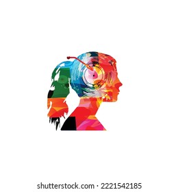 Female silhouette with gramophone vinyl LP record in intense colors on white background. Woman listening vinyl. Vector illustration