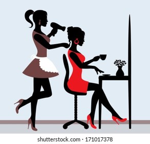 female silhouette in hairdressing salon. Hairdresser makes hair styling for client 