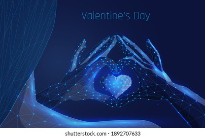 female silhouette and hands folded in the shape of a heart. Valentine's Day. A symbol of love and care. Glowing abstract 3d heart. Valentine's Day. Hands showing heart symbol. wireframe, plexus, dot