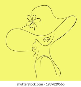 A female silhouette in a hat. Vector isolated on a yellow background. Madame in the hat line drawing