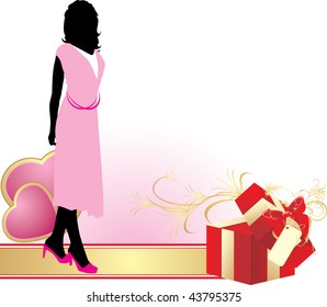 Female silhouette with hearts and decorative red box. Vector