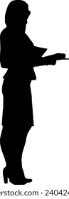 Eine weibliche Silhouette hält ein Dokument und zeigt seitlich.