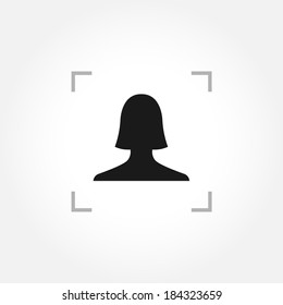 Female silhouette icon inside camera focus frame