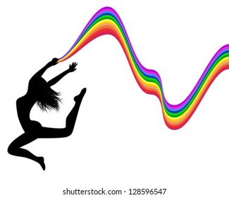 female silhouette jumping and holding a rainbow trail