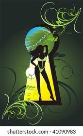 Female silhouette in the keyhole. Vector