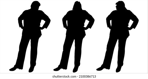 Female silhouette with a leg outstretched forward. Front view, semi sideways. Three poses of one woman. Female black silhouettes, isolated on a white background, stand next to each other in one line.