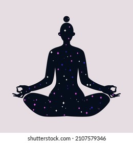 Female silhouette in the lotus position. Inside the body is a night starry sky with twinkling stars. Woman trapped in space. Color vector illustration of a girl in harmony.