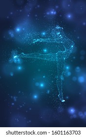 A female silhouette from luminous dots dancing on an abstract dark blue background. vector layout
