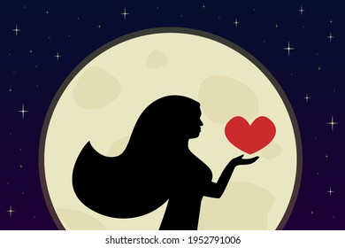 Female silhouette in the moonlight. Young woman is holding red heart in her hand. Full moon and stars in the background. Vector illustration