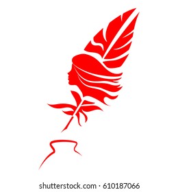 Female silhouette on a goose feather with outline inkwell.