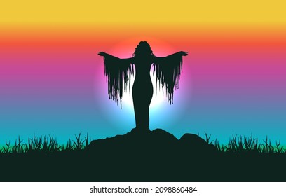 Female silhouette on rainbow landscape background illustration. Vector graphic eps 10.