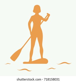 Female silhouette on stand up paddle board. SUP. Template for your design, banner, poster or print.