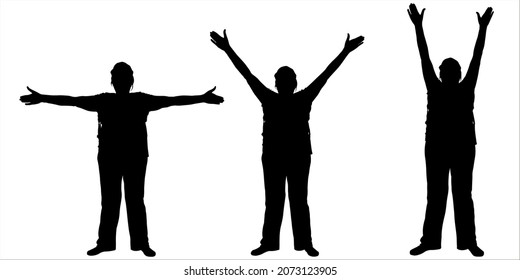 Female silhouette in pants, in a cap. Standing sports exercises. Hands are raised higher and higher. Three women in different positions with their hands up. Black silhouette isolated on white. Fitness