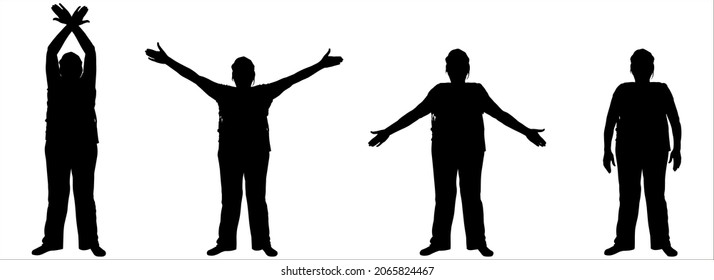 Female silhouette in pants, in a cap. Woman standing performs exercises. Hands are raised higher and higher. Four hand charging positions. Black female silhouette isolated on white background.
