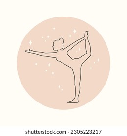 Female silhouette performs sports exercises. Symbol, logo, emblem, icon for web design, social media stories. Trendy minimal lineart style. Woman practice yoga asana. Vector illustration in boho style