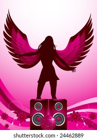 Female silhouette with pink angel wings in front of pink speakers and disco ball