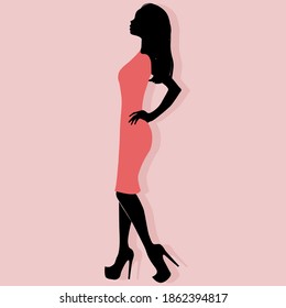 Female silhouette in a pink dress on a pink background. Woman walking in high heels. Young girl in a short dress in shoes and her shadow