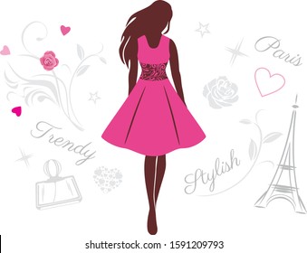 Female silhouette in a pink dress. Vector