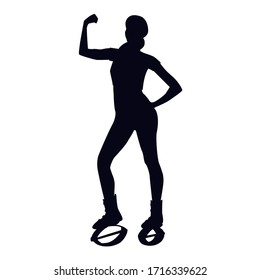 Female silhouette posing with her bicep curled in kangoo jump boots. Girl dancing in bounce shoes during high intensity interval training (HIIT). Cardio fitness and weight loss. Gaining good shape.
