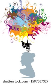 female silhouette profile thoughts flat vector