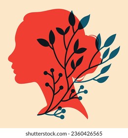 Female silhouette in profile. Vector illustration in a minimalist style  with Riso print effect.Print, logo, poster templates, tattoo idea, advertising, fabric print