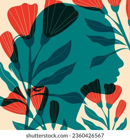 Female silhouette in profile. Vector illustration in a minimalist style  with Riso print effect.Print, logo, poster templates, tattoo idea, advertising, fabric print