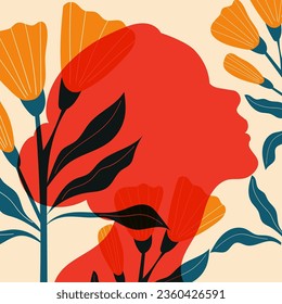 Female silhouette in profile. Vector illustration in a minimalist style  with Riso print effect.Print, logo, poster templates, tattoo idea, advertising, fabric print