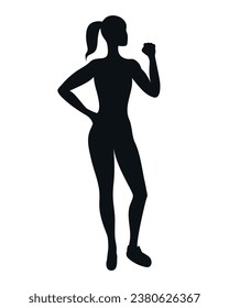 Female silhouette with raised fist. Strong woman silhouette. Vector illustration