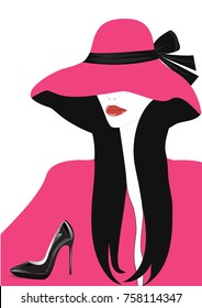 female silhouette - red lips -  pink hat -   - art modern vector  