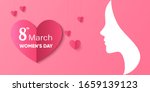 Female silhouette and red love heart on pink background, Women's day poster or banner, template,Women's day illustration