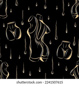 female silhouette seamless pattern on black background. Gold on a black background. Magical atmosphere.