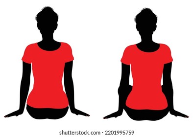 Female silhouette in sit pose in red t shirt illustration.