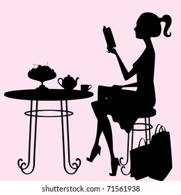 A female silhouette sitting at a table, drinking tea and reading a book after a hard day of shopping! Objects on the table, shopping bags, hair, body, table and chair are each an individual object.