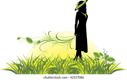 Female silhouette with sprig among grass. Vector