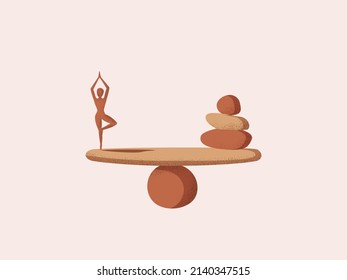 Female silhouette standing on stones. Keep the balance. Woman standing at vrksasana posture. Harmony and balance in the nature. Yoga pose of tree. Cartoon character standing at balancing stones. Zen 