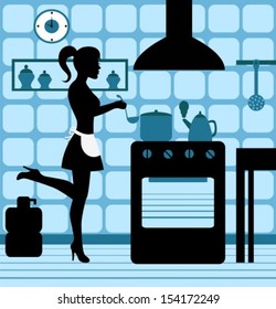 female silhouette standing at the stove in the kitchen cooking