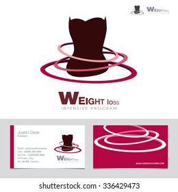 Female silhouette with symbolic dynamic ring shape for fitness & weight loss vector illustration. Business sign& business card template for fitness club, weight loss program, dietitian. Sample text. 