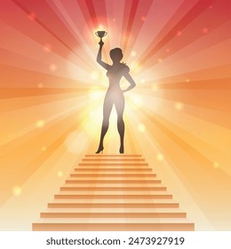 Female silhouette with trophy cup stays on staircase. Winning reward success concept isolated vector illustration