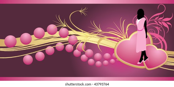 Female silhouette and two hearts with beads. Banner. Vector