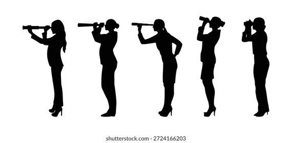 Silhueta feminina utilizando binóculos observando a distância mostrando o conceito de exploração e visão isolada sobre fundo branco