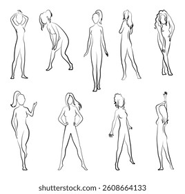 Female silhouette. Woman body outline icon set. Various girl figures in line style. Sign for wellness center, sport or beauty salon and spa. Vector isolated illustration