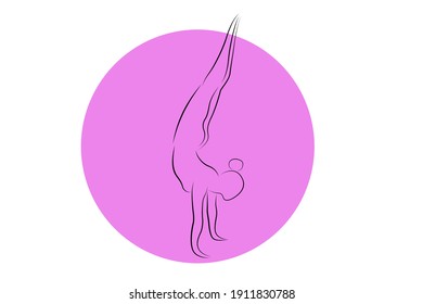 Female silhouette of a woman gymnast on the background of a purple circle on a white background. Gymnastics and acrobatics logo. Vector illustration.