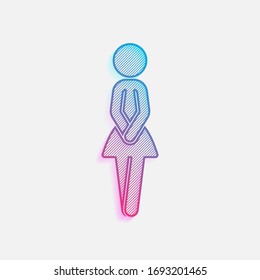 Female silhouette, woman icon. Colored logo with diagonal lines and blue-red gradient. Neon graphic, light effect